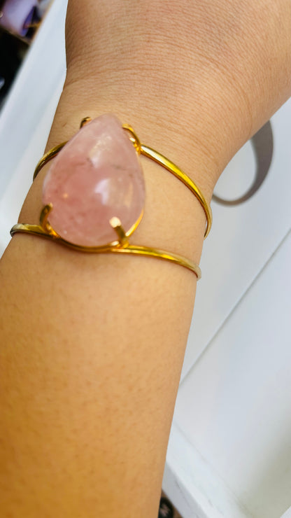 Rose Quartz Teardrop Brass Bracelet